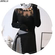 -Patchwork de mujer Manga larga Malla Encaje Costura Delgado Vestido a media pierna L&aacute;piz Hasta la rodilla Malla Casual Vestidos de manga completa on JD