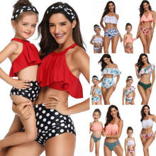 Parent-child Swimwear Swimsuit Women Kids Two Piece Red High Waist Bikini Set