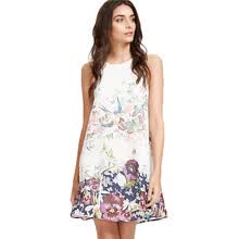 -Vestido de verano con estampado floral Algod&oacute;n sin mangas Una l&iacute;nea de mujer Mini vestido Recto Casual O Cuello Sundress Boho Mujeres Vestido blanco on JD