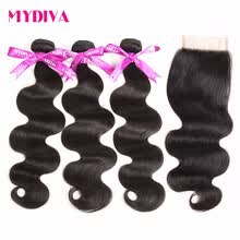 875071956-Mydiva Peruvian Body Wave Human Hair 3 Bundle With Closure Free Part Hair Weave Bundles With Lace Closure 4pcs/lot Non Remy on JD