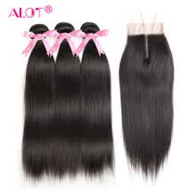 875071956-Alot Hair Peruvian Straight Human Hair Bundles With Lace Closure Middle/Free/ Three Part Natural Black 3 Bundles Hair & Closure on JD