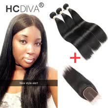 bundles-with-closure-HCDIVA Mongolia virginal del pelo humano paquetes rectos con cierre de encaje 4 * 4 pulgadas del pelo del beb&eacute; mongol 3 paquete de un pelo y cierre on JD