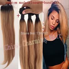 bundles-with-closure-Extensiones de cabello Ombre # 1b / 27 Honey Blonde Ombre Dark Roots cabello humano virgen 3 piezas con cierre de encaje de dos tonos de pelo recto Weave on JD